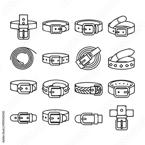 Collection of Belt Icons with Various Buckles and Styles Line Art Vector Graphics