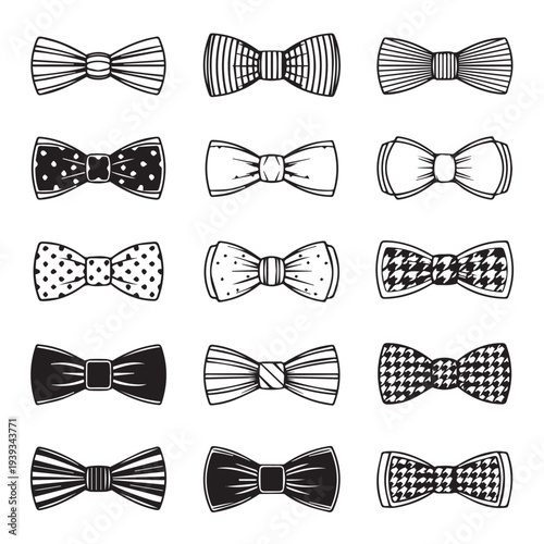 Collection of Bow Ties with Different Patterns and Styles on White Background Stock Illustration