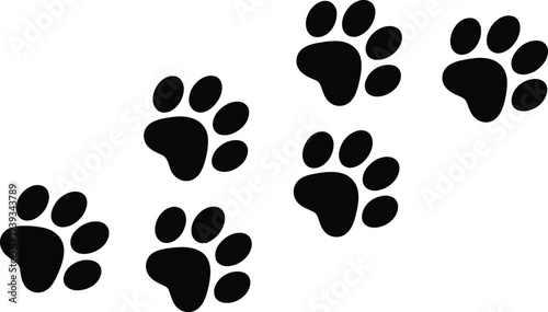 Black animal paw prints vector illustration set, perfect for pet-related designs, veterinary clinics, animal shelters, or playful children's backgrounds and patterns.