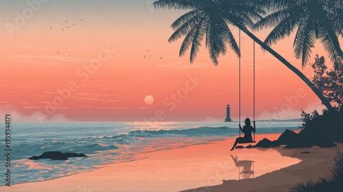 Woman sitting on a swing under a palm tree at sunset on a tropical beach. Sunset ocean view with a lighthouse. Peaceful travel concept and relaxation in a beautiful nature scenery.