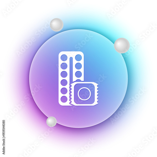 White Packaging of birth control pills and condom in package safe sex icon isolated on white background. Contraceptive pill. Blue and purple gradient circle background. Vector