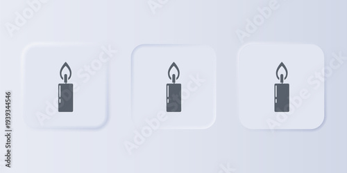 Grey Burning candle icon isolated on grey background. Cylindrical candle stick with burning flame. Set icons in square buttons. Vector