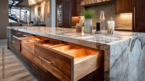 Modern kitchen island with open wooden drawer and natural stone countertop. Luxury home interior design with custom cabinetry and marble surface. Professional architecture for housing.