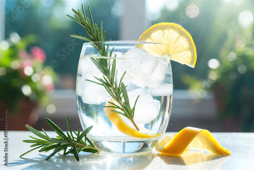Glass of gin and tonic with fresh lime, rosemary, and lemon garnish. This refreshing drink photography is ideal for spirit brands and upscale bars.