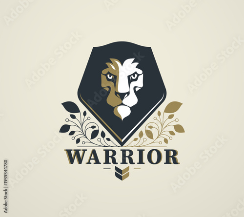 Warrior lion emblem inspired by knight honor, courage and dignity, created in timeless heraldic style for noble brands, teams and symbolic identity designs.