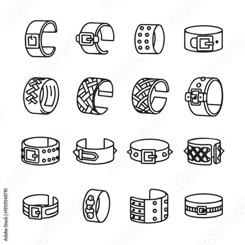 Collection of Cuff Bracelets with Buckles and Studs Hand-Drawn Style Stock Icons