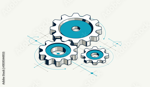 Mechanical engineering concept, gears and cogs with project drawing draft isometric 3D vector illustration, cogwheels system technology and technics machinery engine.