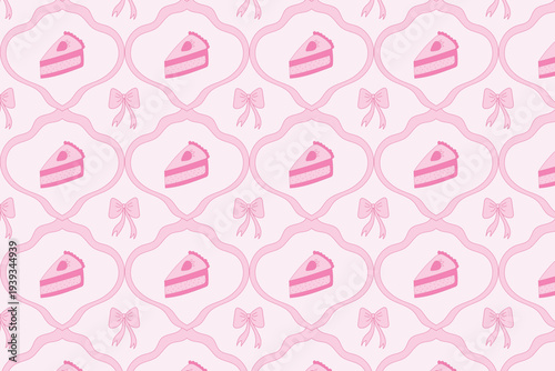 A sweet seamless pattern with hand-drawn strawberry cake pieces, ribbons, and bows. A flirty vintage vector print.