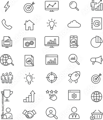 digital marketing icon set. Thin line vector symbols for SEO, PPC, and content marketing. Includes sales funnel and analytics icons. Vector illustration