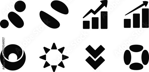 Set of 8 Black Abstract Business and Data Vector Icons with Growth Charts, Geometric Shapes, and Arrows for Web Design and Marketing