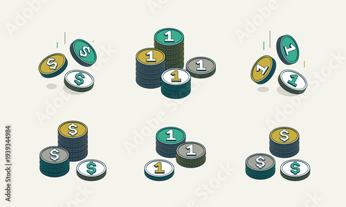 Coin piles vector set, stack of coins 3d isometric bundle, savings treasures and wealth theme, budget, exchange or jackpot concept.