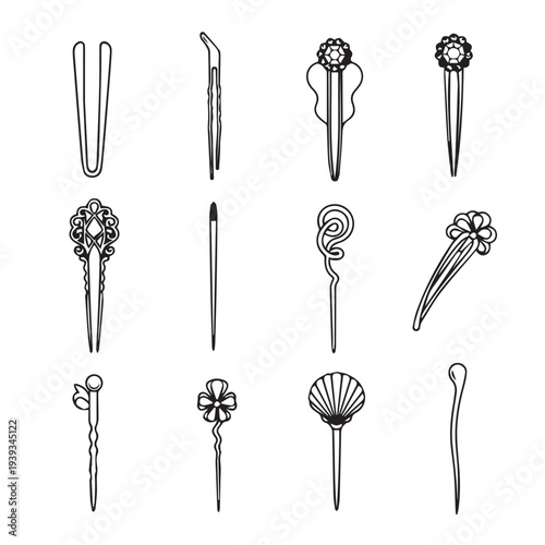 Collection of Decorative Hair Pins and Accessories Line Art Illustration