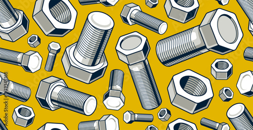 Bolts and nuts seamless background, repair and maintenance workshop tiling wallpaper, mechanic technics service endless pattern, elements easy to use separately.