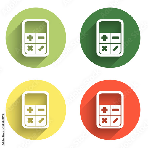 Set Calculator icon isolated with long shadow background. Accounting symbol. Business calculations mathematics education and finance. Color circle button. Vector