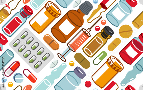 Medicine seamless background, vector medical pills and bottles tiling wallpaper, drugstore and pharma endless pattern, elements easy to use separately as icons or illustrations.