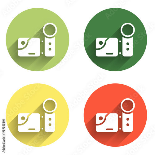 Set Cinema camera icon isolated with long shadow background. Video camera. Movie sign. Film projector. Color circle button. Vector