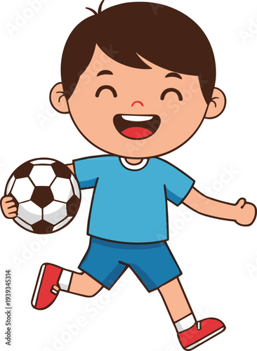 Cartoon child holding soccer ball, cheerful sports illustration, kids outdoor play concept, active pose, cad drawing flat vector illustration