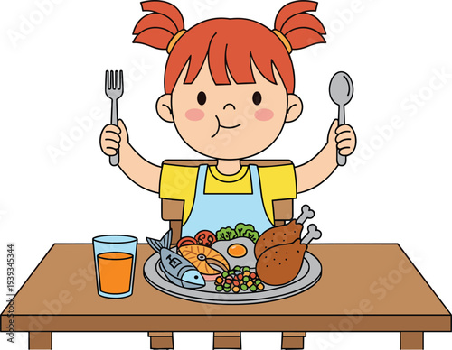 Cartoon child eating meal, healthy food illustration, kids nutrition concept, cheerful dining pose, cad drawing flat vector illustration
