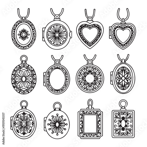Collection of diverse locket pendants heart and oval shapes intricate designs line art