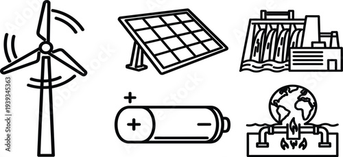 Renewable Energy Icons: Wind, Solar, Hydro, Battery, and Geothermal Power