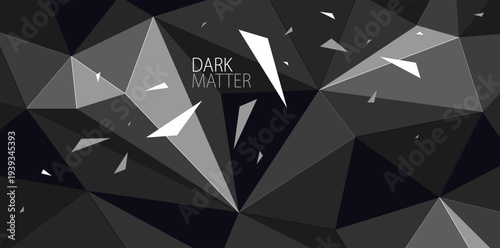 Dark black monochrome greyscale polygonal abstract background with 3D triangular surface and flying debris particles in motion, explosion force abstraction.