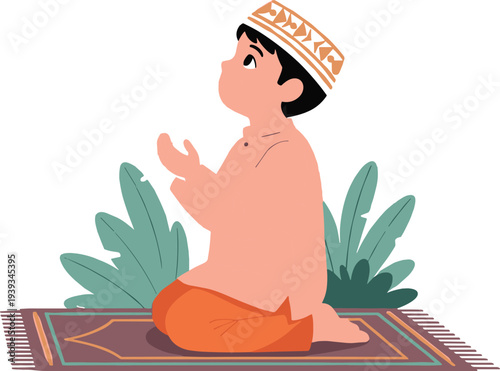 Cartoon child praying on mat, Islamic devotion illustration, spiritual worship concept, cultural faith pose, cad drawing flat vector illustration