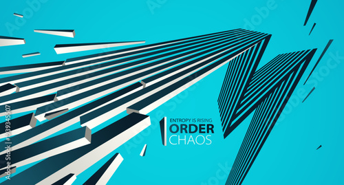 Entropy concept vector abstract background with debris flying in chaos, destruction theme wallpaper, exploded pieces disorder 3D design
