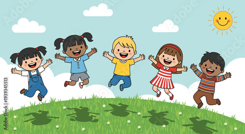 Cartoon children jumping on grassy hill, cheerful sunny day scene, playful kids outdoors, cad drawing flat vector illustration