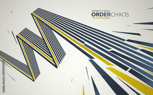 Debris particles exploding in chaos vector abstract background, entropy is rising to decay and disorder, elements flying in motion, 3D wallpaper.