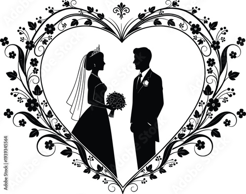 Bride and groom silhouette in floral heart frame, wedding romance vector, cad drawing flat vector illustration for love and marriage
