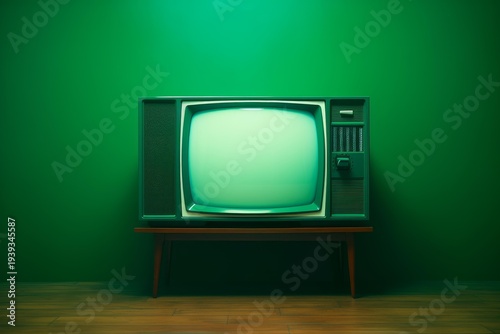 Retro tv displaying a luminous green screen against a vibrant green wall in a vintage setting