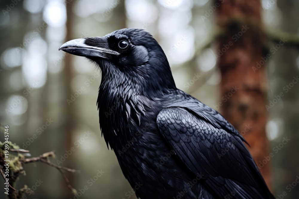 Fototapeta premium Black raven perching quietly on a branch in a misty forest focusing on its surroundings