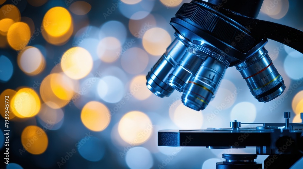 Obraz premium Close-up of a scientific microscope objective lens with intricate glass details and soft bokeh background