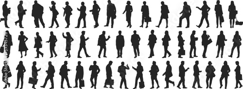 Business people silhouette collection walking men and women professional poses black human figures isolated vector illustration set