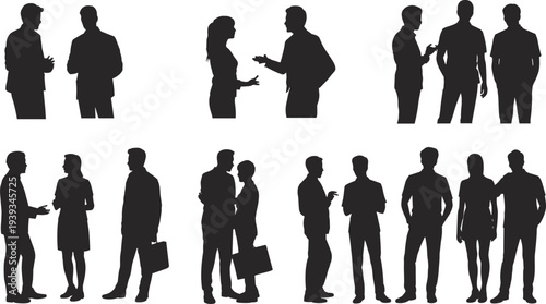 Business people silhouette collection, men and women talking discussing teamwork communication, corporate meeting poses, isolated vector illustration on white background