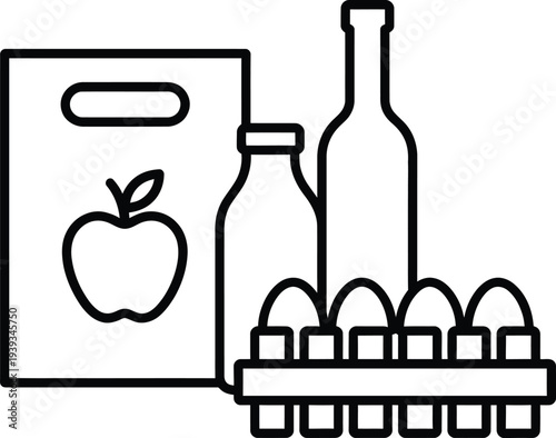Vector of a grocery bag with an apple, two bottles of wine, and an egg carton