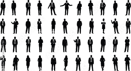 Business people silhouette set, formal attire poses, corporate professionals vector, office team icons, cad drawing flat vector illustration