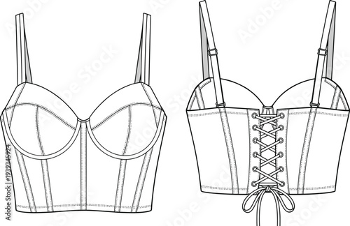 Bustier top technical sketch, front and back view, molded cups, lace-up closure, underwire support, fashion design, garment illustration