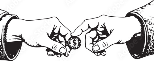 Two hands exchanging a coin during a handshake, symbolizing a business transaction
