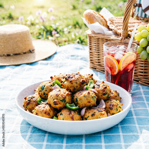White cheese and yoghurt with courgettis ball , seasonal flavors, vegetable meatball, Delicious grilled shrimp with parsley and lemons in bowl, A delicious stack of homemade golden brown vegetable 

