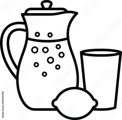 Vector of a pitcher filled with bubbles next to a glass and a lemon