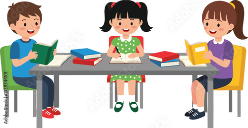 Children studying together at table, group learning, reading and writing, educational activity, classroom scene, cartoon vector illustration