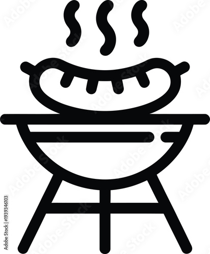 Vector of a sausage sizzling on a black grill with smoke rising