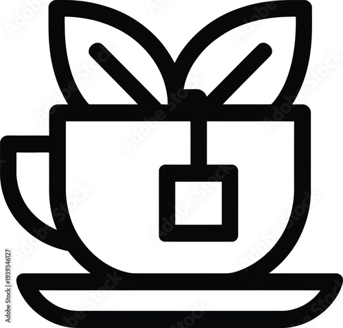 Vector of a teacup with a tea bag and tea leaves on a saucer