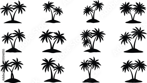 Silhouette tropical palm trees on island set with banana detail unique vector illustration for summer vacation design