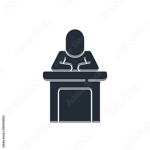 Black Speaker icon isolated on white background. Orator speaking from tribune. Public speech. Person on podium. Vector
