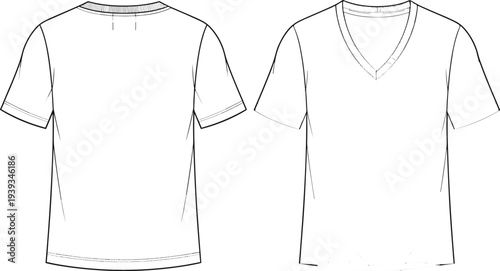 CAD drawing flat vector illustration of crew neck and V-neck t-shirts, fashion technical sketch, garment design template, apparel mockup