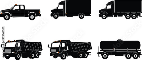 Cad drawing flat vector illustration of trucks, pickup, dump and tanker vehicles, heavy transport machines, logistics and industrial transportation design