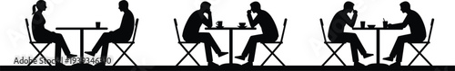 Café seating silhouettes of people sitting and talking at tables in a social setting, minimalist design, cad drawing flat vector illustration