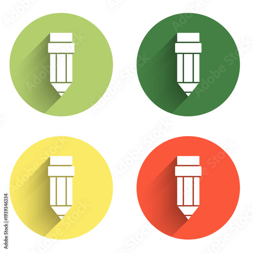 Set Pencil with eraser icon isolated with long shadow background. Drawing and educational tools. School office symbol. Color circle button. Vector